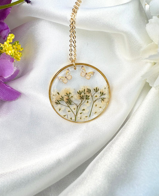Butterfly necklace, Real Flower Botanic Garden Necklace, Fairy Garden 18K Gold Plated Necklace