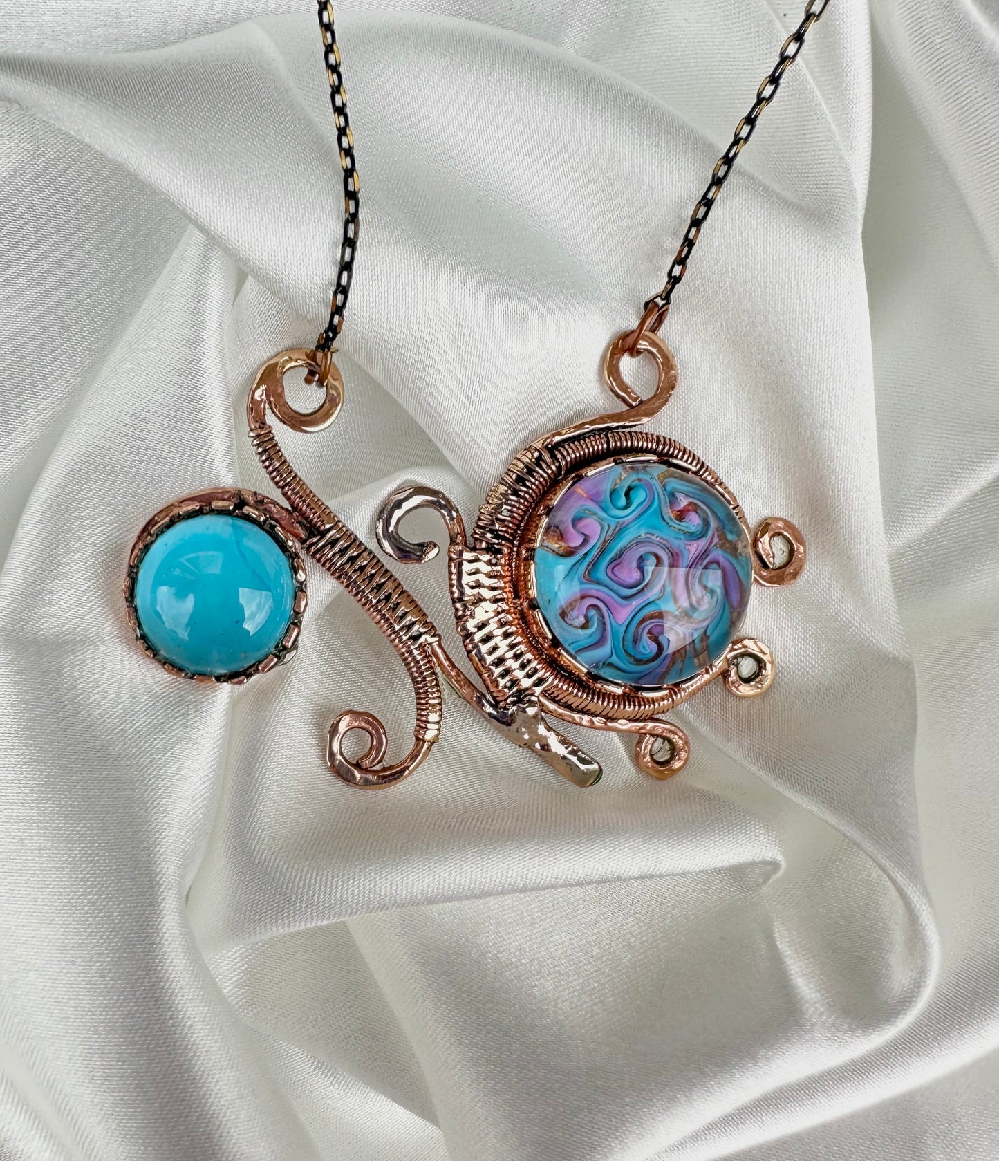 Spiral Blue and Pink Dragon Eye Bronze Necklace